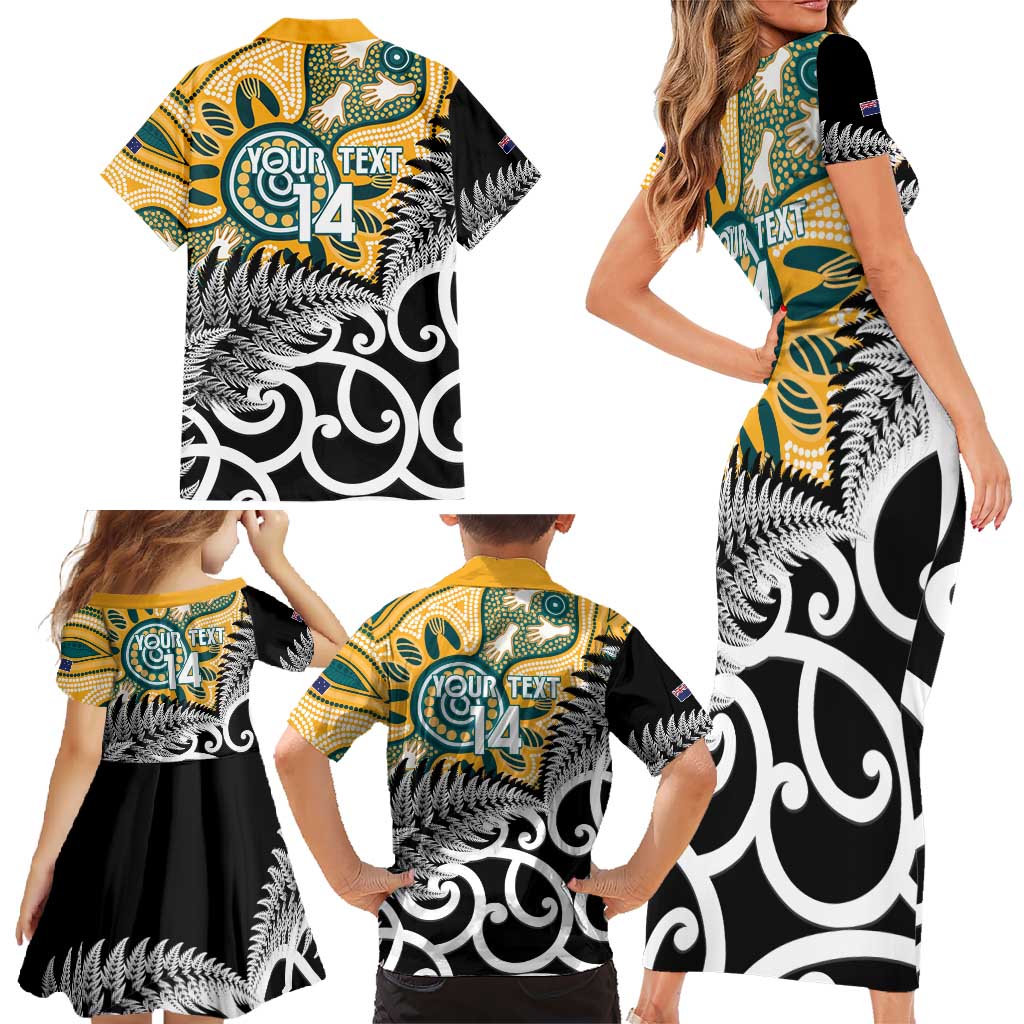 New Zealand Australia Rugby Custom Family Matching Short Sleeve Bodycon Dress and Hawaiian Shirt Wallabies Aboriginal All Black Maori Tiki Together - Aussie Hoodie