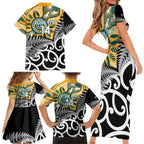 New Zealand Australia Rugby Custom Family Matching Short Sleeve Bodycon Dress and Hawaiian Shirt Wallabies Aboriginal All Black Maori Tiki Together - Aussie Hoodie