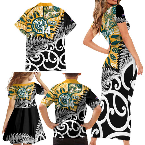 New Zealand Australia Rugby Custom Family Matching Short Sleeve Bodycon Dress and Hawaiian Shirt Wallabies Aboriginal All Black Maori Tiki Together - Aussie Hoodie