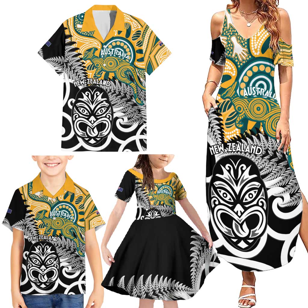 New Zealand Australia Rugby Custom Family Matching Summer Maxi Dress and Hawaiian Shirt Wallabies Aboriginal All Black Maori Tiki Together - Aussie Hoodie