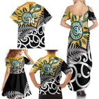 New Zealand Australia Rugby Custom Family Matching Summer Maxi Dress and Hawaiian Shirt Wallabies Aboriginal All Black Maori Tiki Together - Aussie Hoodie