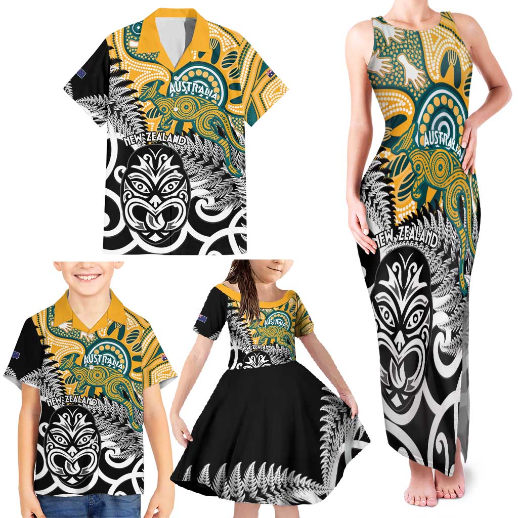 New Zealand Australia Rugby Custom Family Matching Tank Maxi Dress and Hawaiian Shirt Wallabies Aboriginal All Black Maori Tiki Together - Aussie Hoodie