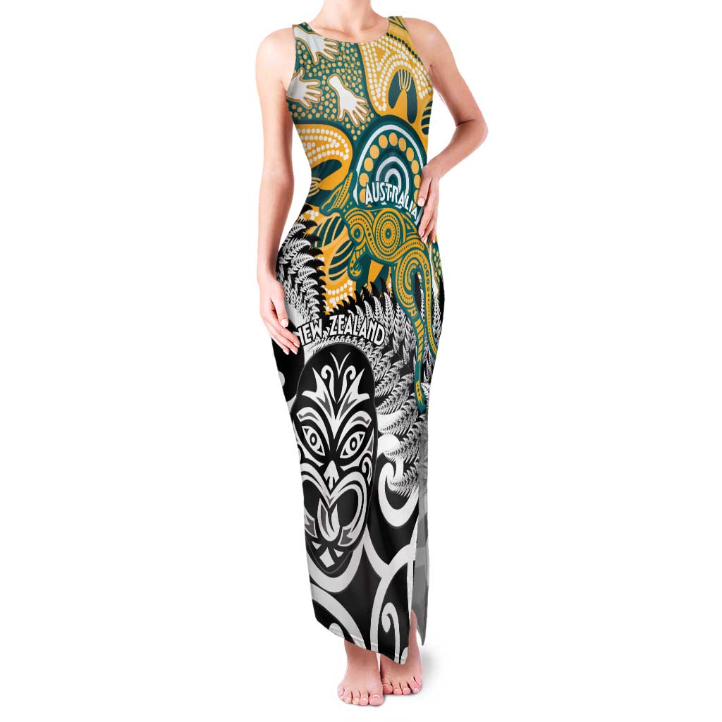 New Zealand Australia Rugby Custom Family Matching Tank Maxi Dress and Hawaiian Shirt Wallabies Aboriginal All Black Maori Tiki Together - Aussie Hoodie