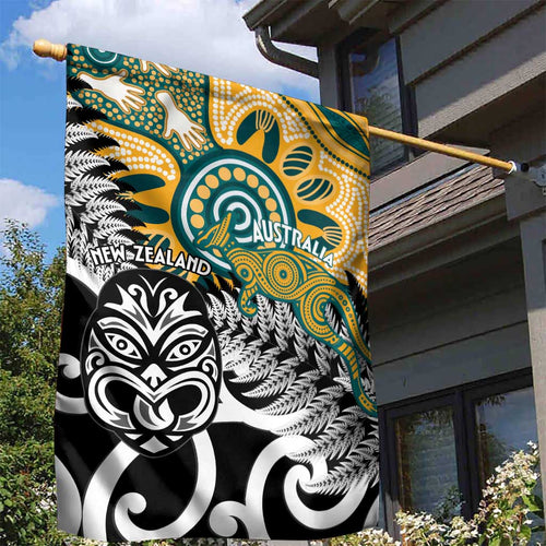 New Zealand Australia Rugby Garden Flag Wallabies Aboriginal All Black Maori Tiki Together - Aussie Hoodie