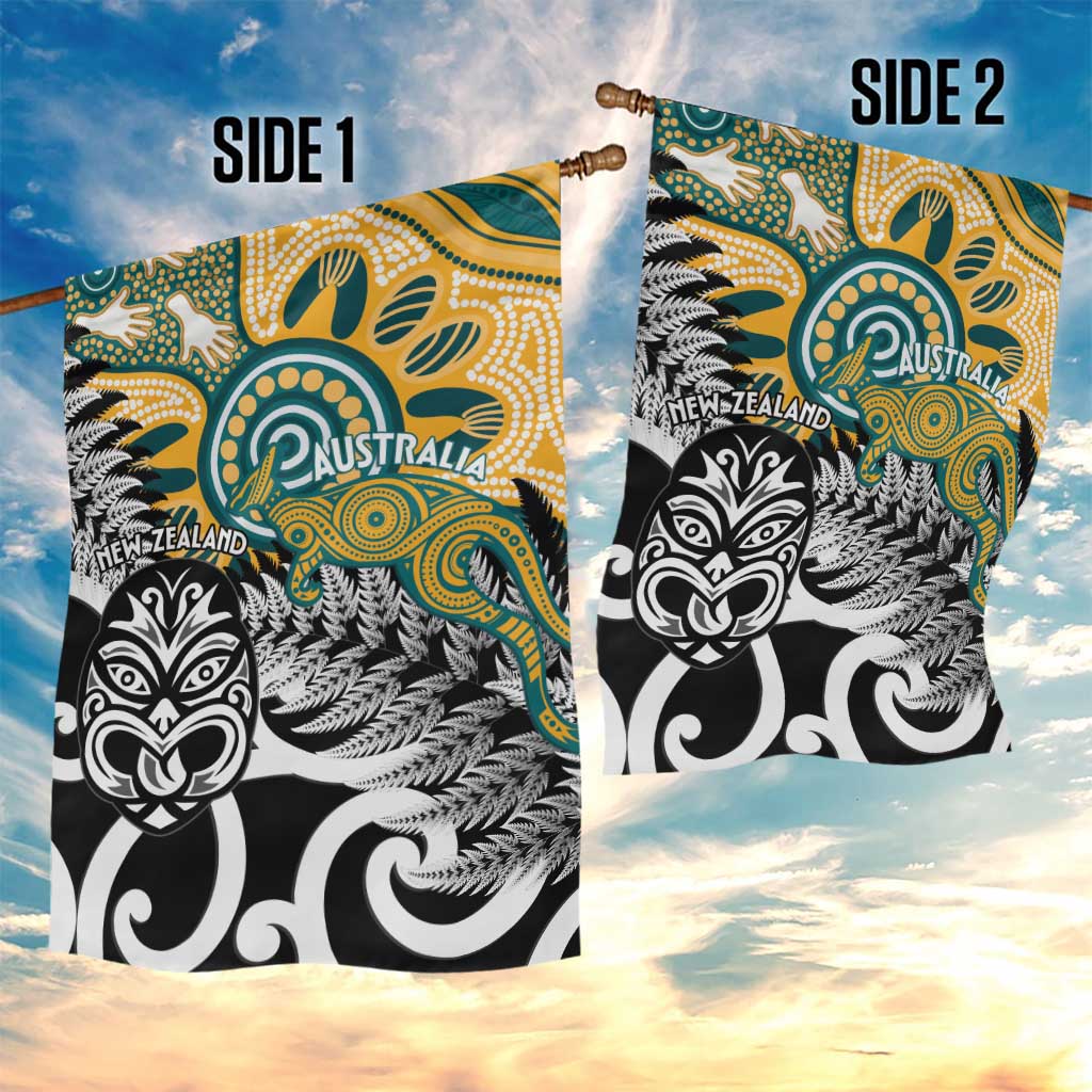 New Zealand Australia Rugby Garden Flag Wallabies Aboriginal All Black Maori Tiki Together - Aussie Hoodie