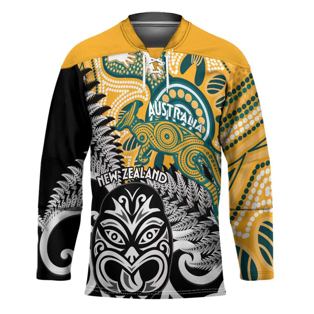 New Zealand Australia Rugby Custom Hockey Jersey Wallabies Aboriginal All Black Maori Tiki Together - Aussie Hoodie