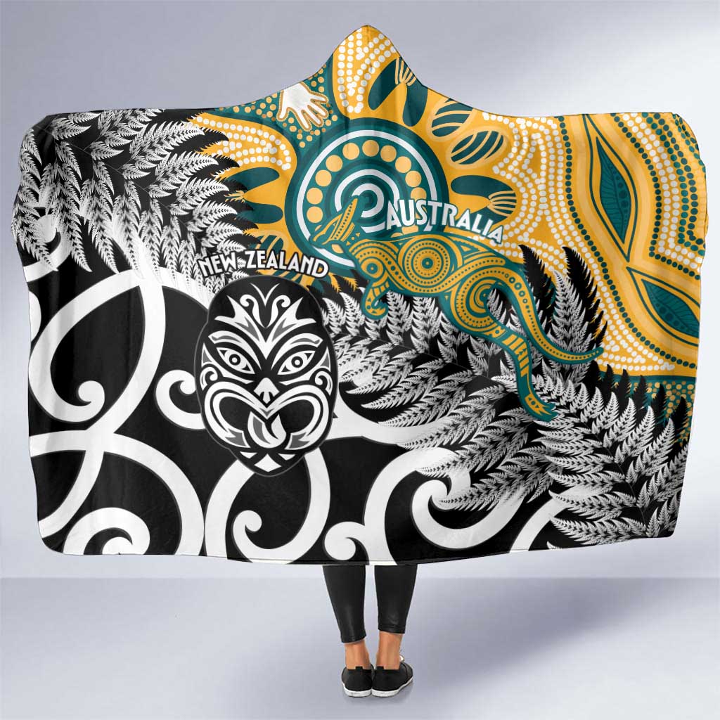 New Zealand Australia Rugby Hooded Blanket Wallabies Aboriginal All Black Maori Tiki Together - Aussie Hoodie