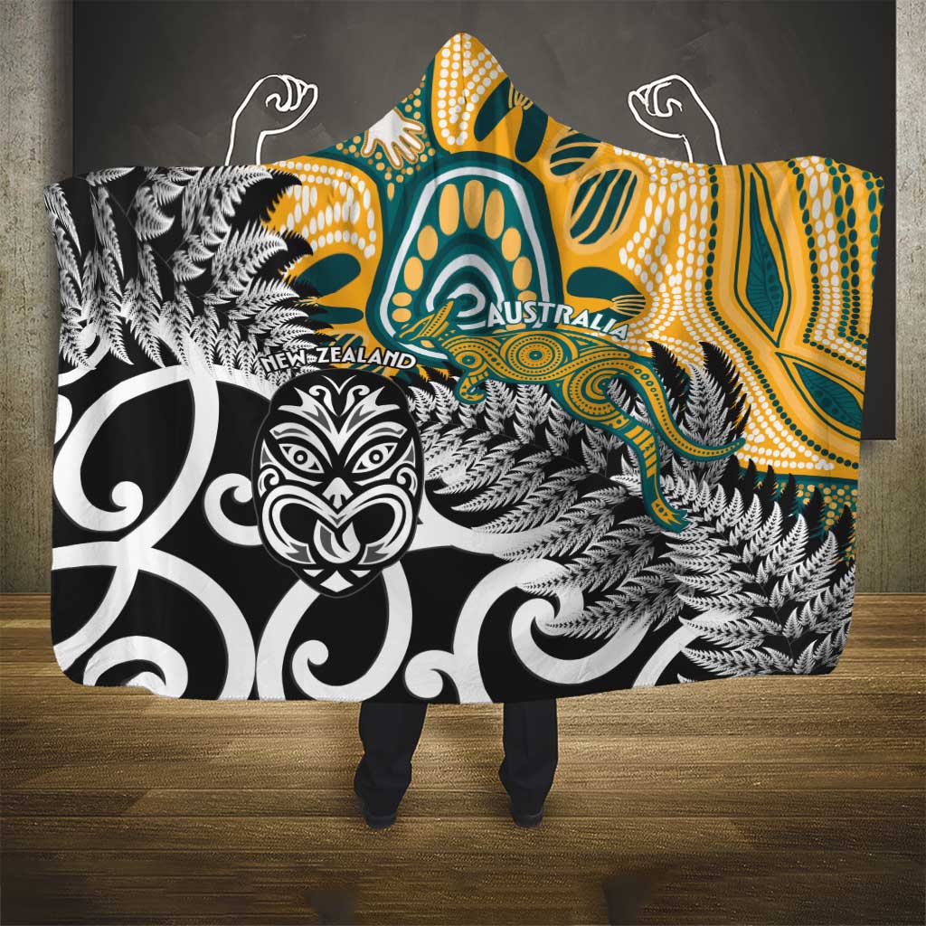 New Zealand Australia Rugby Hooded Blanket Wallabies Aboriginal All Black Maori Tiki Together - Aussie Hoodie
