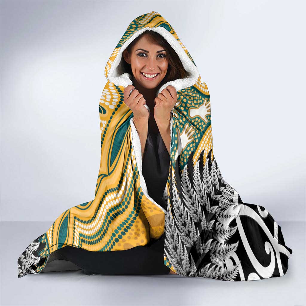 New Zealand Australia Rugby Hooded Blanket Wallabies Aboriginal All Black Maori Tiki Together - Aussie Hoodie
