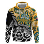 New Zealand Australia Rugby Custom Hoodie Wallabies Aboriginal All Black Maori Tiki Together - Aussie Hoodie