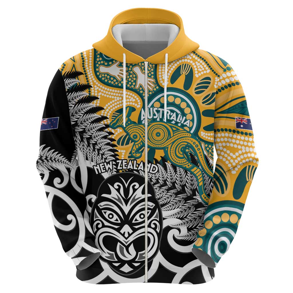 New Zealand Australia Rugby Custom Hoodie Wallabies Aboriginal All Black Maori Tiki Together - Aussie Hoodie