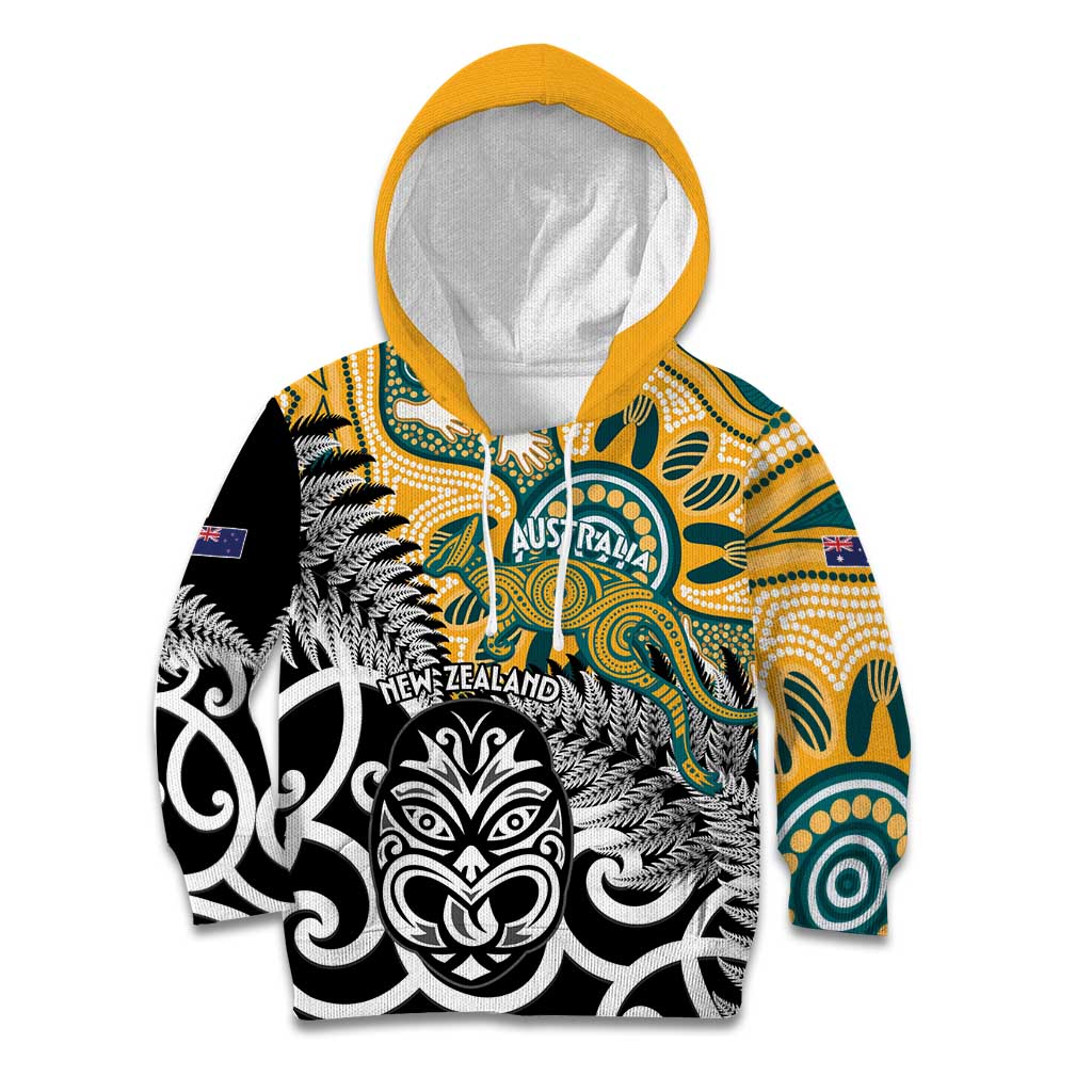 New Zealand Australia Rugby Custom Kid Hoodie Wallabies Aboriginal All Black Maori Tiki Together - Aussie Hoodie