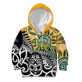 New Zealand Australia Rugby Custom Kid Hoodie Wallabies Aboriginal All Black Maori Tiki Together - Aussie Hoodie