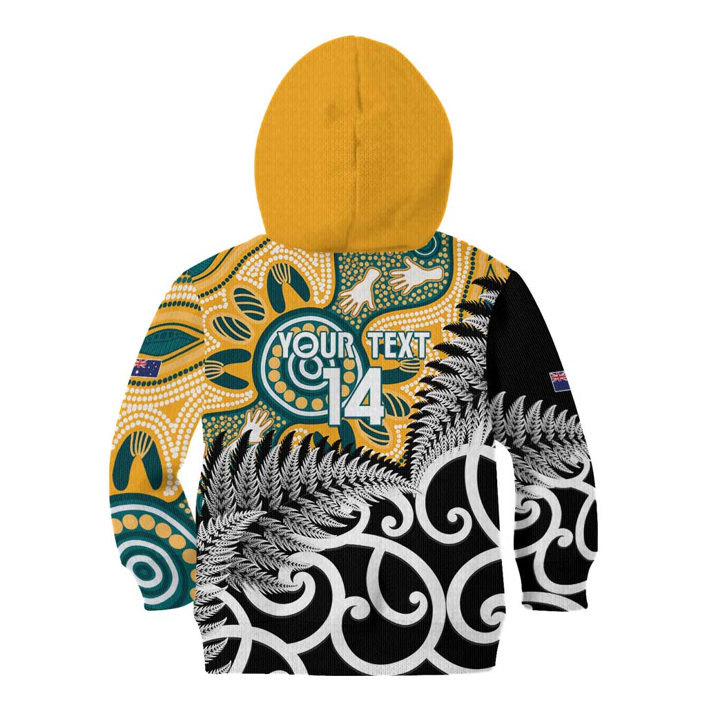 New Zealand Australia Rugby Custom Kid Hoodie Wallabies Aboriginal All Black Maori Tiki Together - Aussie Hoodie