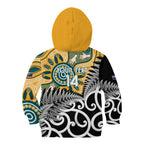 New Zealand Australia Rugby Custom Kid Hoodie Wallabies Aboriginal All Black Maori Tiki Together - Aussie Hoodie