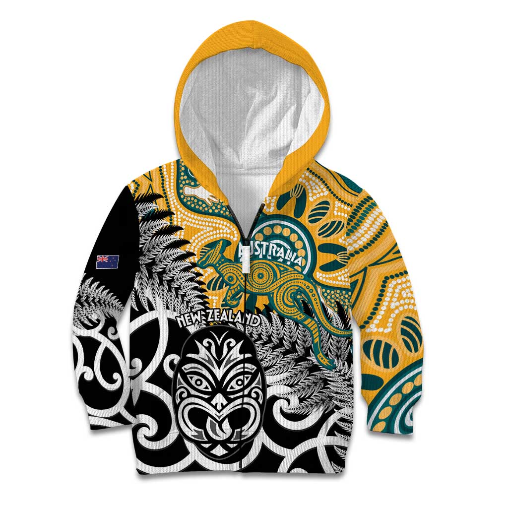 New Zealand Australia Rugby Custom Kid Hoodie Wallabies Aboriginal All Black Maori Tiki Together - Aussie Hoodie