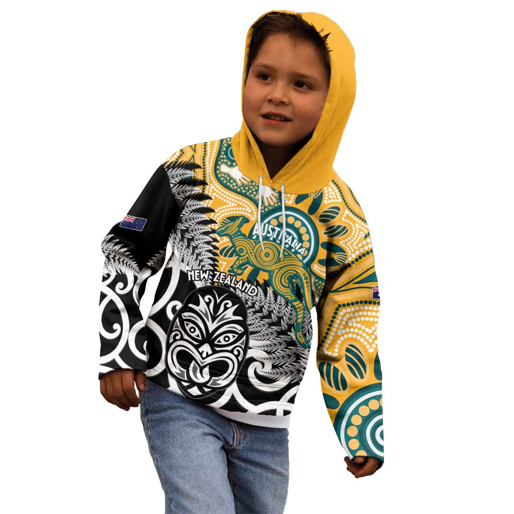 New Zealand Australia Rugby Custom Kid Hoodie Wallabies Aboriginal All Black Maori Tiki Together - Aussie Hoodie