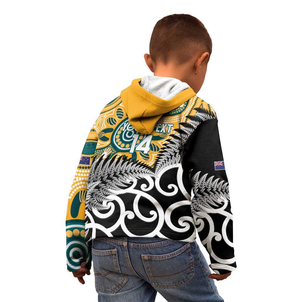 New Zealand Australia Rugby Custom Kid Hoodie Wallabies Aboriginal All Black Maori Tiki Together - Aussie Hoodie