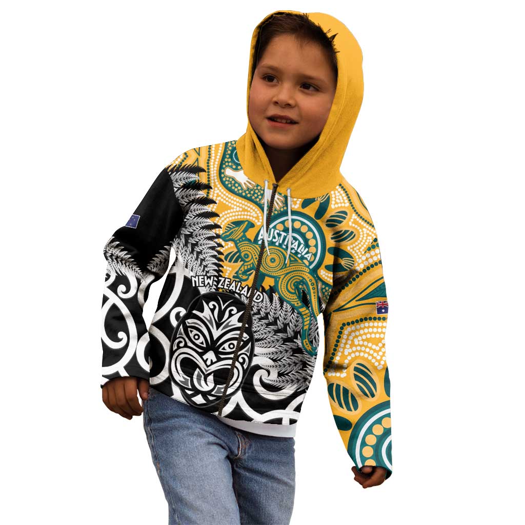 New Zealand Australia Rugby Custom Kid Hoodie Wallabies Aboriginal All Black Maori Tiki Together - Aussie Hoodie
