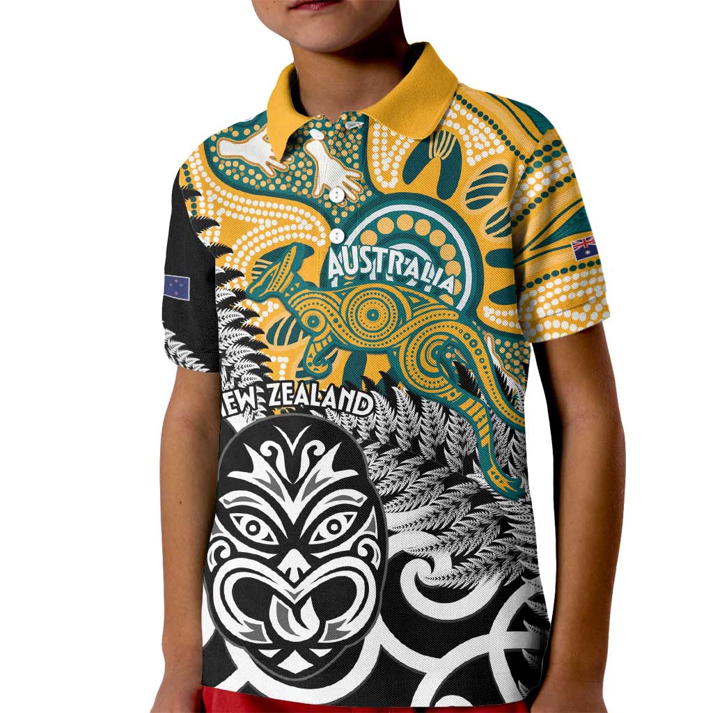 New Zealand Australia Rugby Custom Kid Polo Shirt Wallabies Aboriginal All Black Maori Tiki Together - Aussie Hoodie