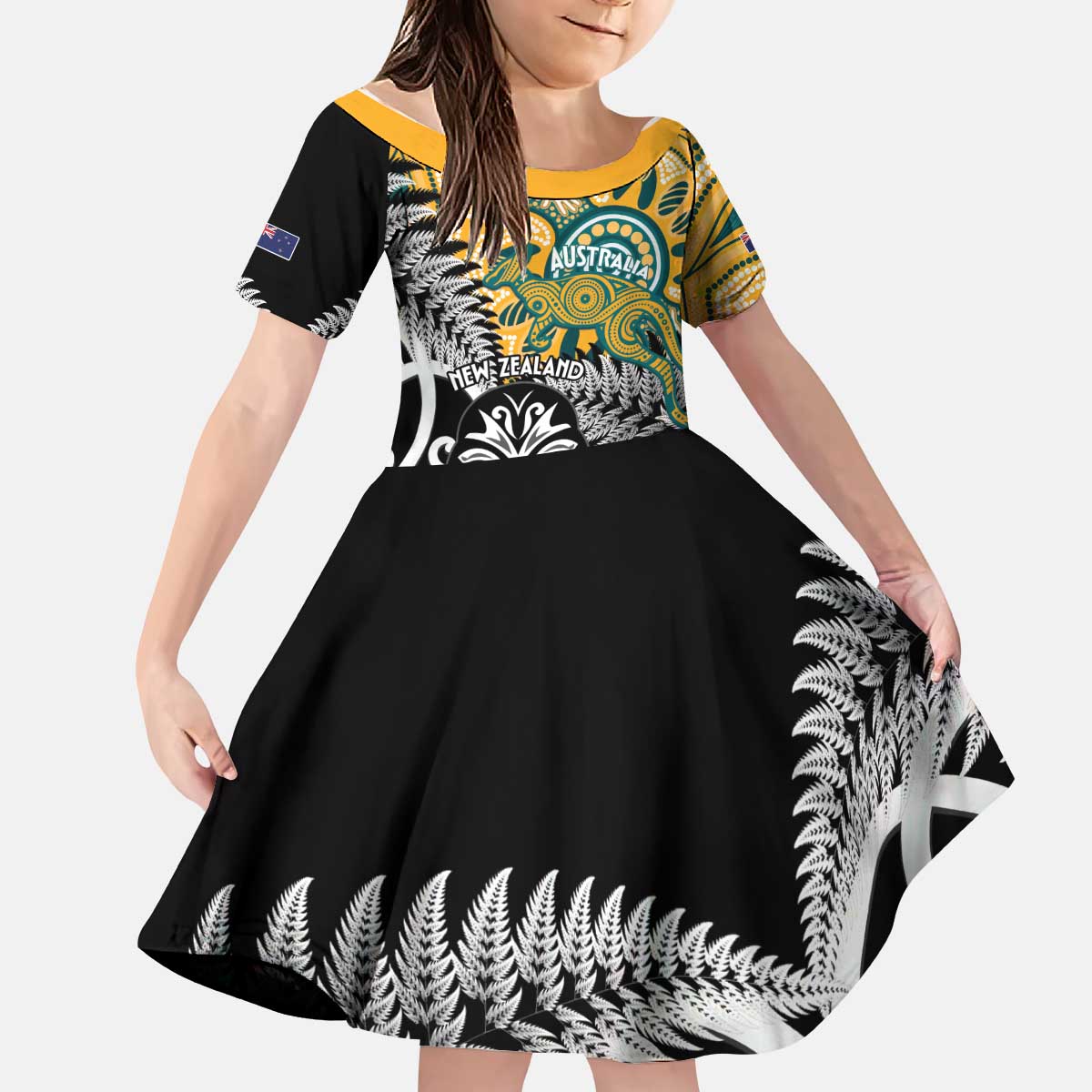 New Zealand Australia Rugby Custom Kid Short Sleeve Dress Wallabies Aboriginal All Black Maori Tiki Together - Aussie Hoodie