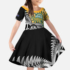 New Zealand Australia Rugby Custom Kid Short Sleeve Dress Wallabies Aboriginal All Black Maori Tiki Together - Aussie Hoodie