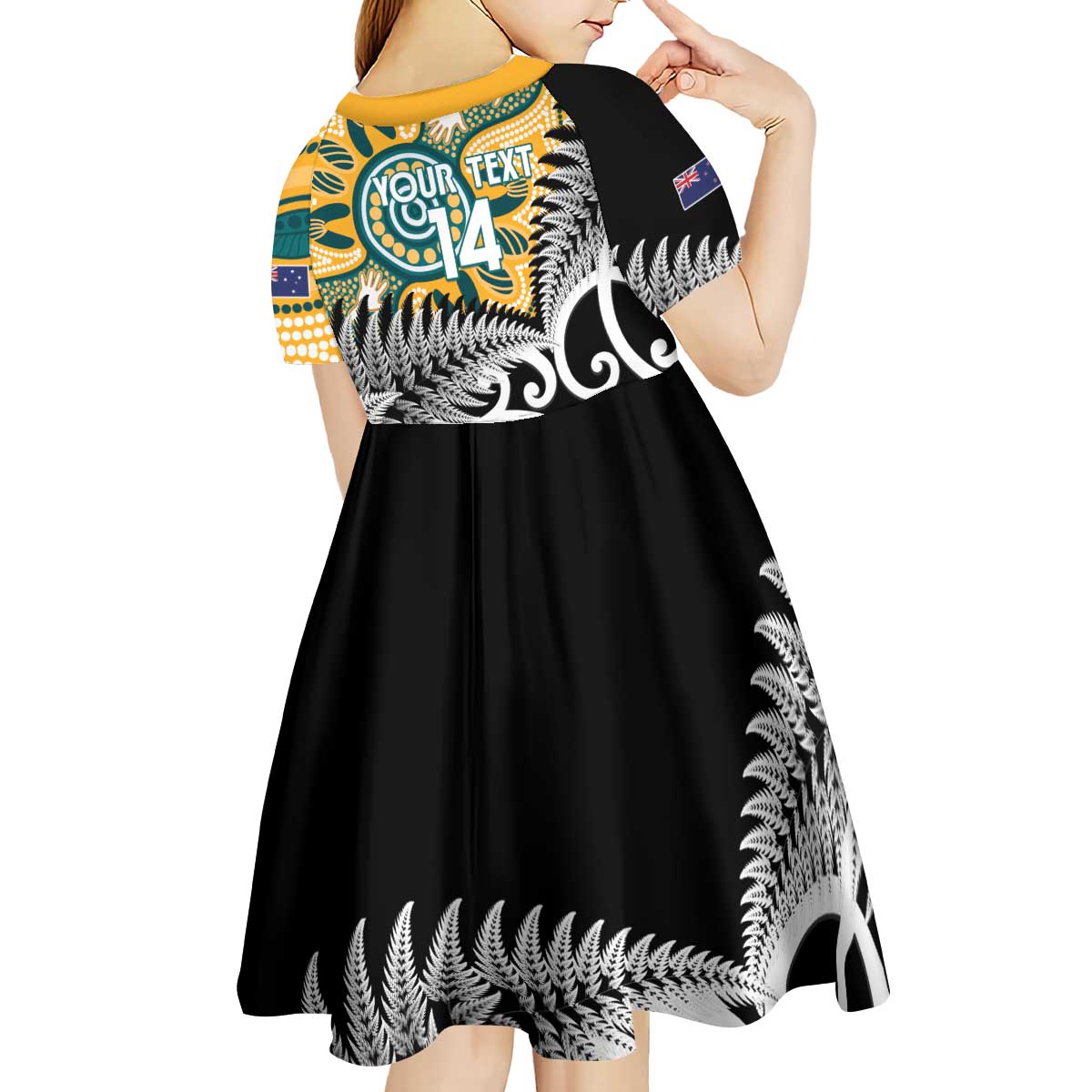 New Zealand Australia Rugby Custom Kid Short Sleeve Dress Wallabies Aboriginal All Black Maori Tiki Together - Aussie Hoodie