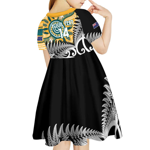 New Zealand Australia Rugby Custom Kid Short Sleeve Dress Wallabies Aboriginal All Black Maori Tiki Together - Aussie Hoodie