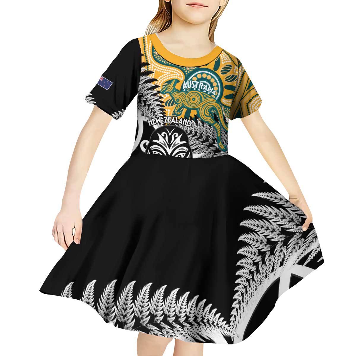 New Zealand Australia Rugby Custom Kid Short Sleeve Dress Wallabies Aboriginal All Black Maori Tiki Together - Aussie Hoodie