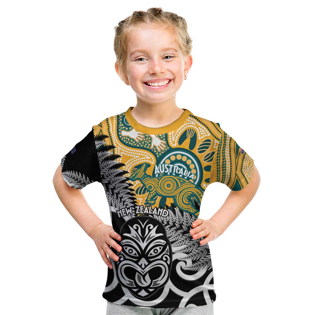 New Zealand Australia Rugby Custom Kid T Shirt Wallabies Aboriginal All Black Maori Tiki Together - Aussie Hoodie
