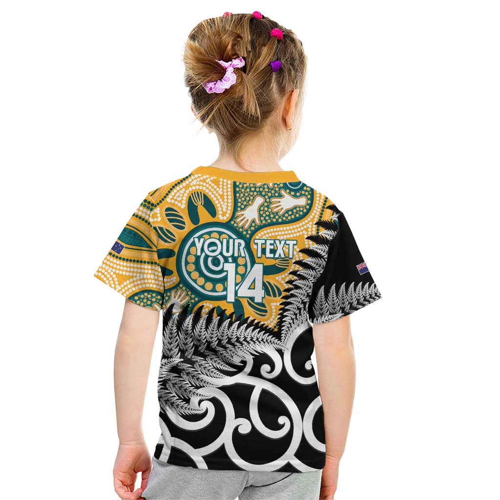 New Zealand Australia Rugby Custom Kid T Shirt Wallabies Aboriginal All Black Maori Tiki Together - Aussie Hoodie