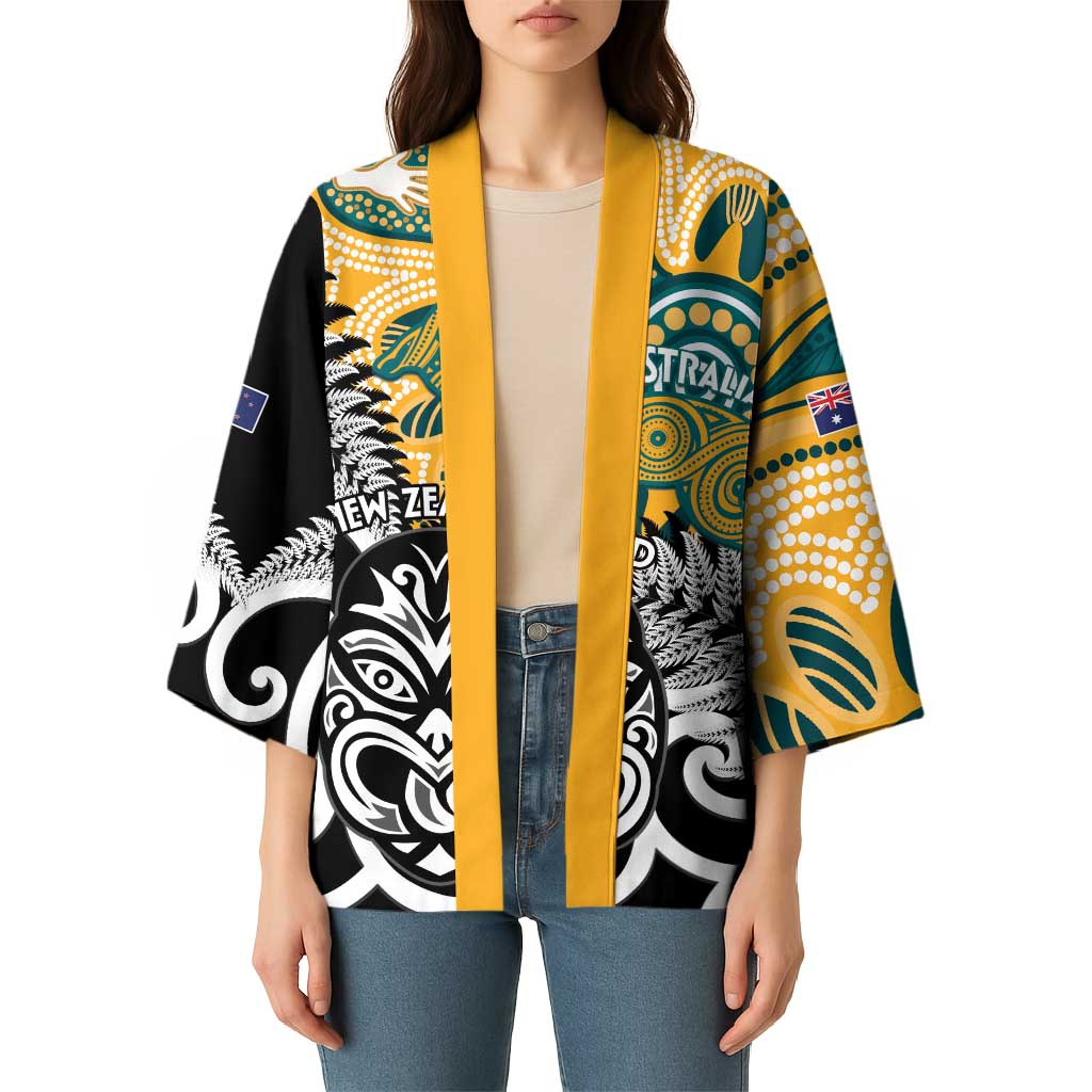 New Zealand Australia Rugby Custom Kimono Wallabies Aboriginal All Black Maori Tiki Together - Aussie Hoodie
