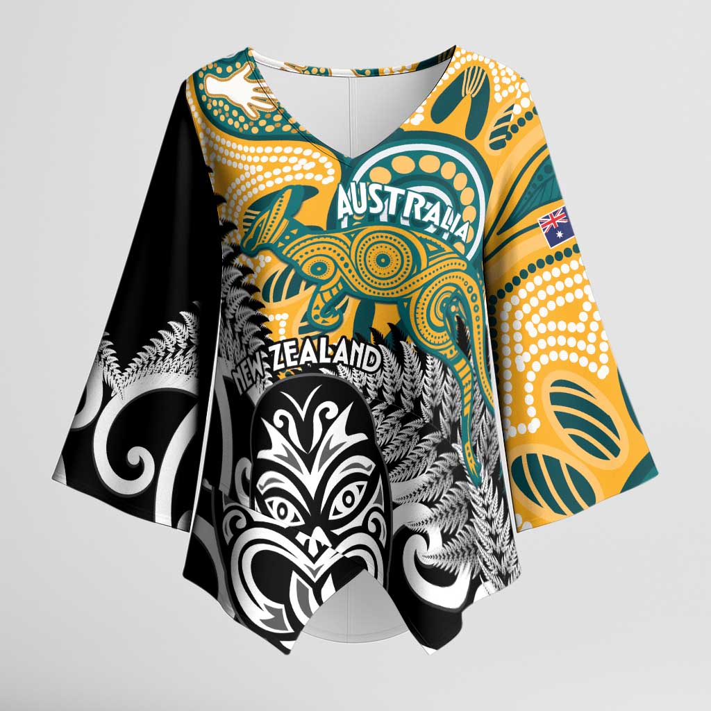 New Zealand Australia Rugby Custom Kimono Sleeve Blouse Wallabies Aboriginal All Black Maori Tiki Together - Aussie Hoodie