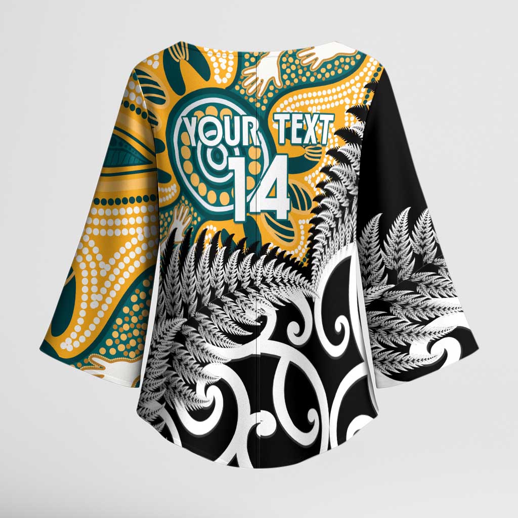 New Zealand Australia Rugby Custom Kimono Sleeve Blouse Wallabies Aboriginal All Black Maori Tiki Together - Aussie Hoodie