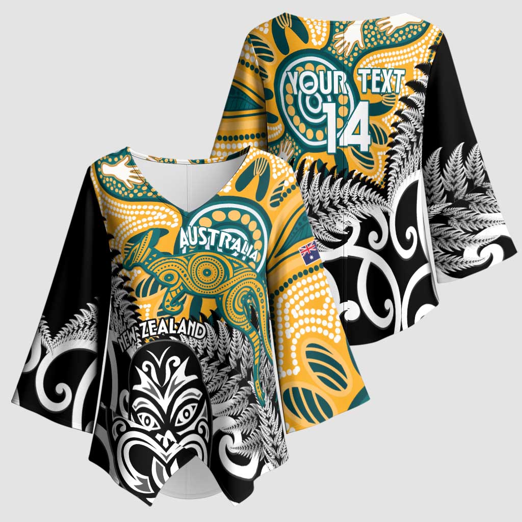 New Zealand Australia Rugby Custom Kimono Sleeve Blouse Wallabies Aboriginal All Black Maori Tiki Together - Aussie Hoodie