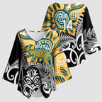 New Zealand Australia Rugby Custom Kimono Sleeve Blouse Wallabies Aboriginal All Black Maori Tiki Together - Aussie Hoodie