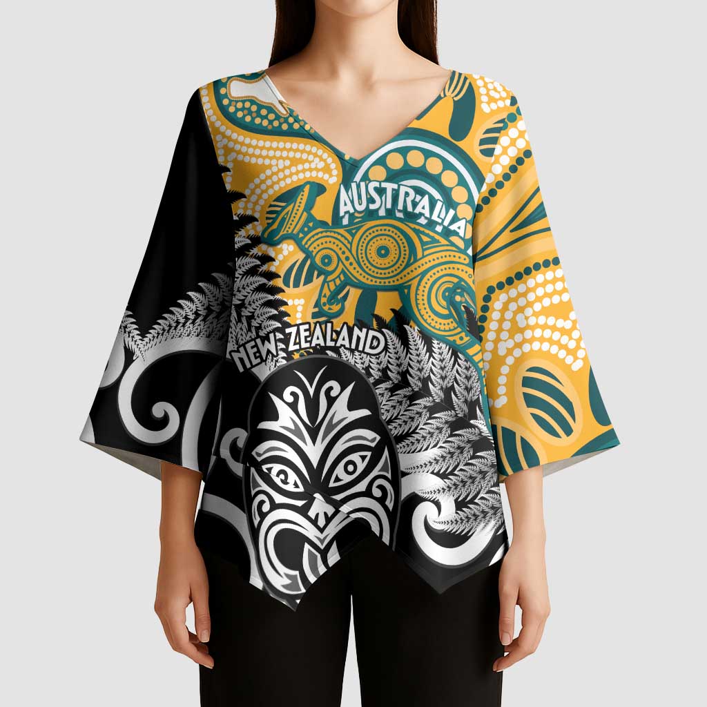 New Zealand Australia Rugby Custom Kimono Sleeve Blouse Wallabies Aboriginal All Black Maori Tiki Together - Aussie Hoodie