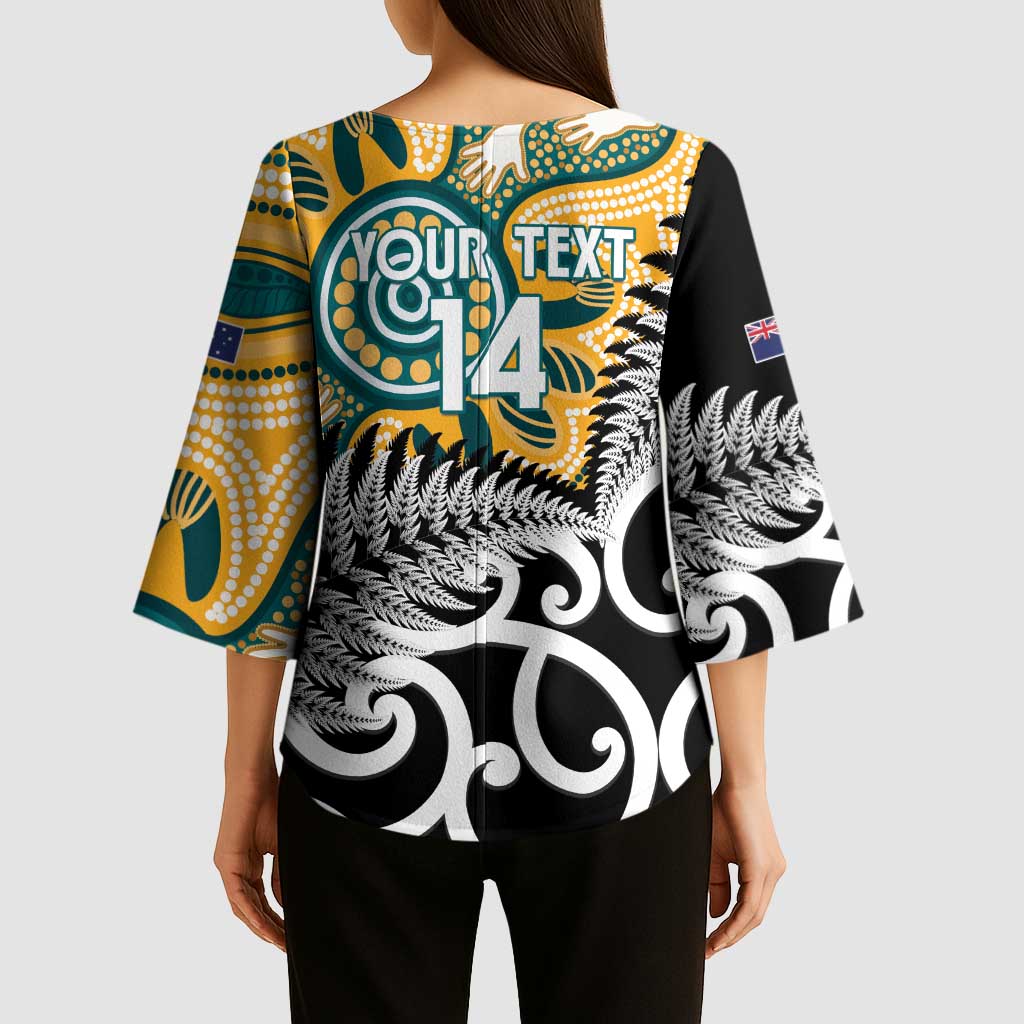 New Zealand Australia Rugby Custom Kimono Sleeve Blouse Wallabies Aboriginal All Black Maori Tiki Together - Aussie Hoodie