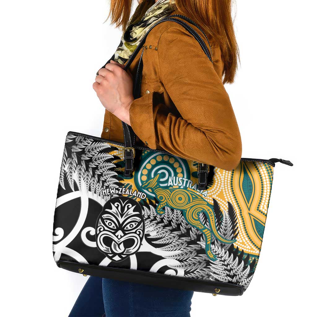 New Zealand Australia Rugby Leather Tote Bag Wallabies Aboriginal All Black Maori Tiki Together - Aussie Hoodie