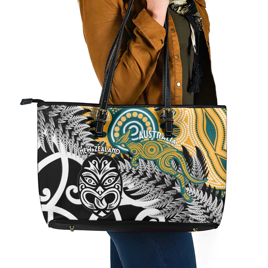 New Zealand Australia Rugby Leather Tote Bag Wallabies Aboriginal All Black Maori Tiki Together - Aussie Hoodie