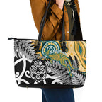 New Zealand Australia Rugby Leather Tote Bag Wallabies Aboriginal All Black Maori Tiki Together - Aussie Hoodie