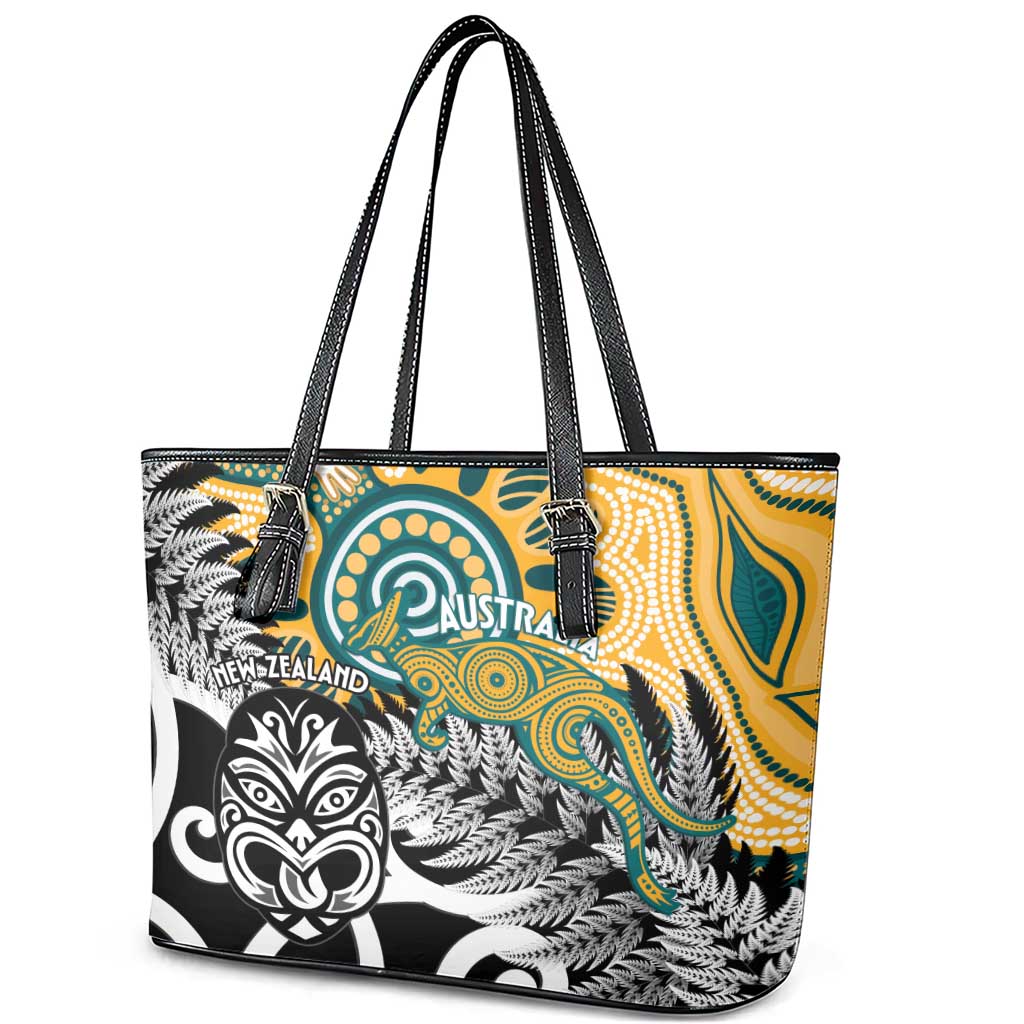 New Zealand Australia Rugby Leather Tote Bag Wallabies Aboriginal All Black Maori Tiki Together - Aussie Hoodie