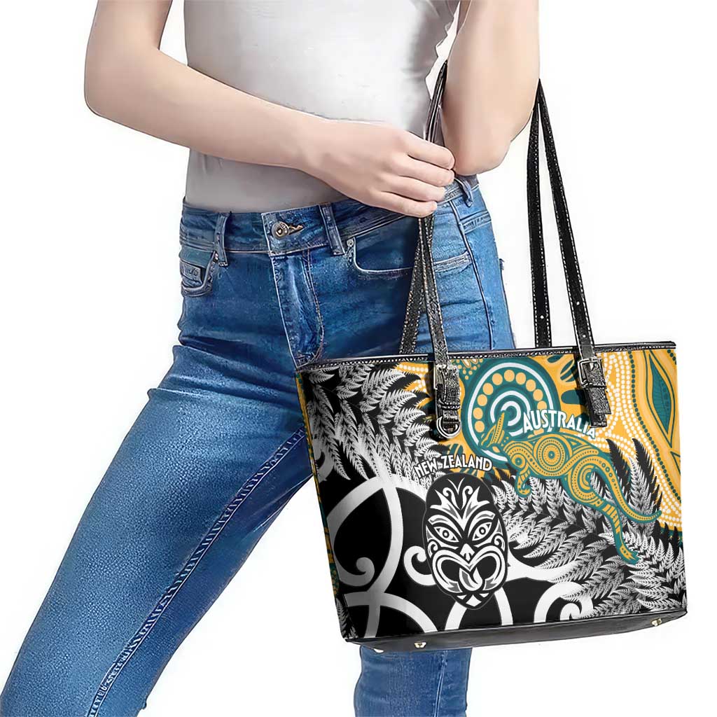 New Zealand Australia Rugby Leather Tote Bag Wallabies Aboriginal All Black Maori Tiki Together - Aussie Hoodie
