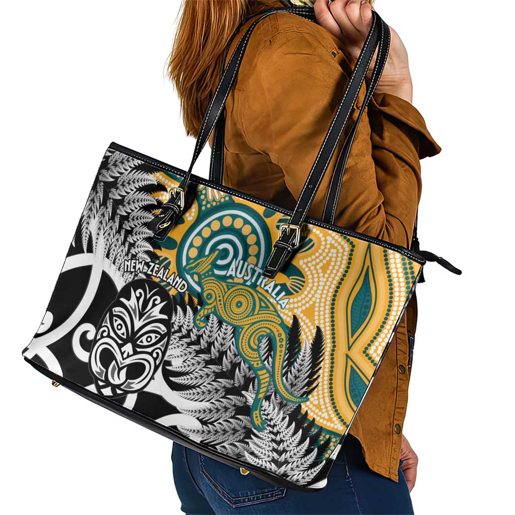 New Zealand Australia Rugby Leather Tote Bag Wallabies Aboriginal All Black Maori Tiki Together - Aussie Hoodie
