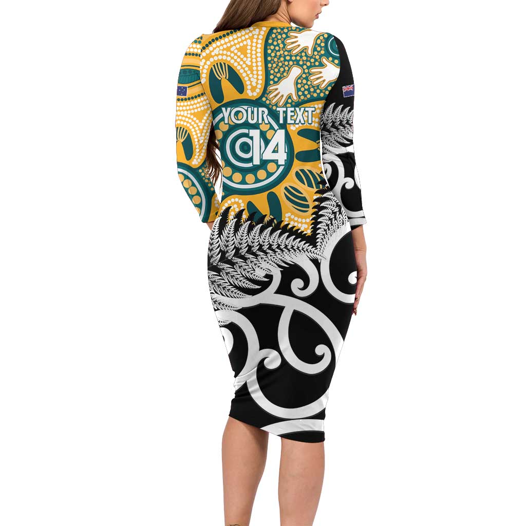 New Zealand Australia Rugby Custom Long Sleeve Bodycon Dress Wallabies Aboriginal All Black Maori Tiki Together - Aussie Hoodie