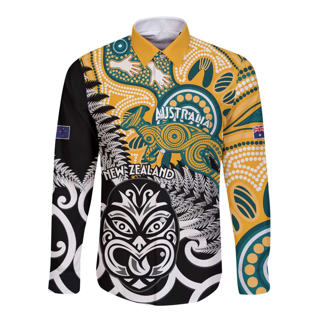 New Zealand Australia Rugby Custom Long Sleeve Button Shirt Wallabies Aboriginal All Black Maori Tiki Together - Aussie Hoodie