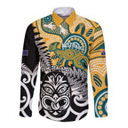 New Zealand Australia Rugby Custom Long Sleeve Button Shirt Wallabies Aboriginal All Black Maori Tiki Together - Aussie Hoodie