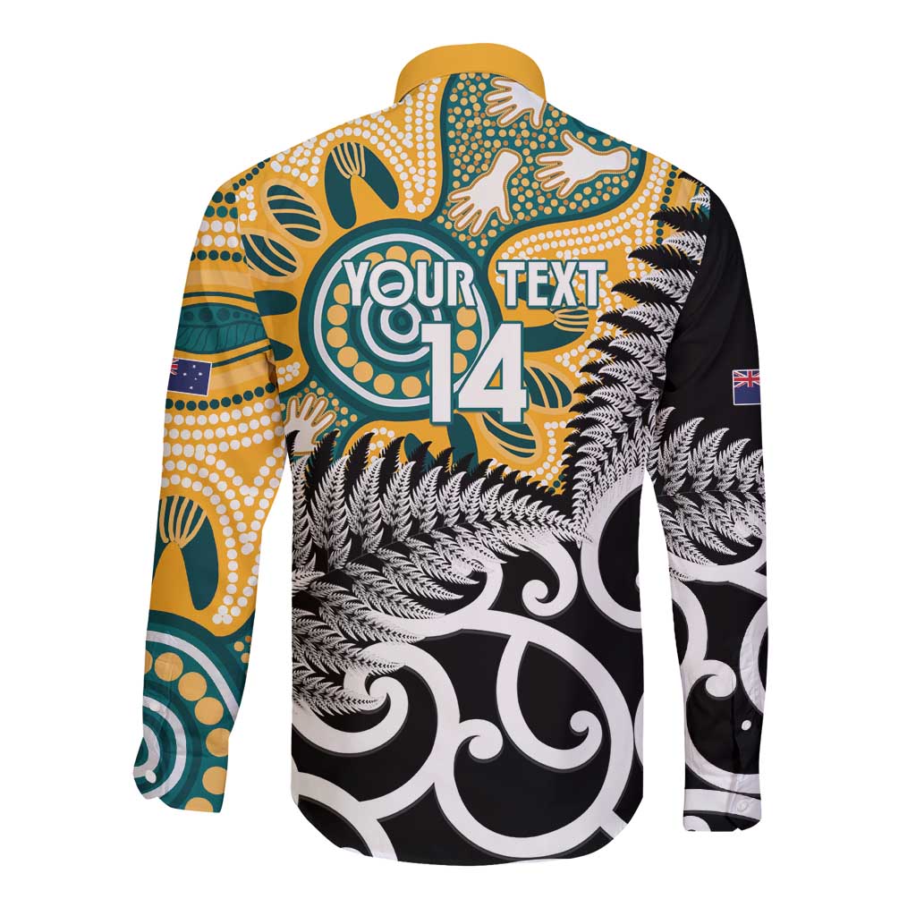 New Zealand Australia Rugby Custom Long Sleeve Button Shirt Wallabies Aboriginal All Black Maori Tiki Together - Aussie Hoodie