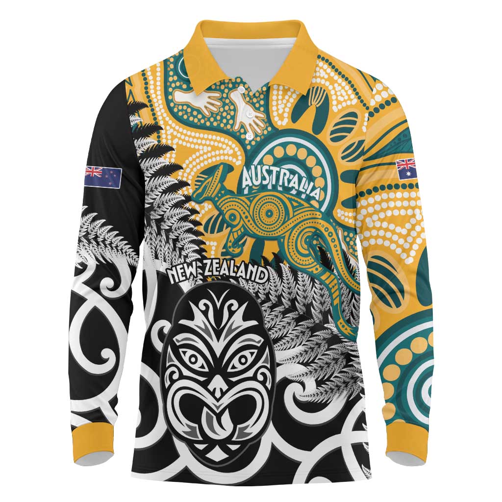 New Zealand Australia Rugby Custom Long Sleeve Polo Shirt Wallabies Aboriginal All Black Maori Tiki Together - Aussie Hoodie