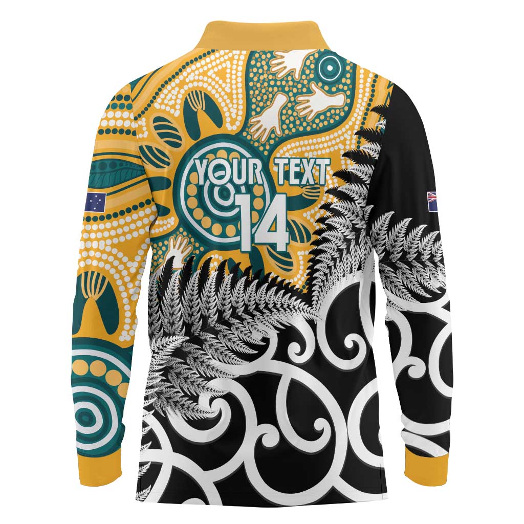 New Zealand Australia Rugby Custom Long Sleeve Polo Shirt Wallabies Aboriginal All Black Maori Tiki Together - Aussie Hoodie